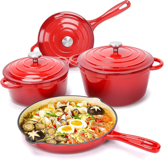 Hisencn Enameled Cast Iron Cookware Set - 7 Piece Set of Dutch Ovens, Sauce Pan, Skillet, 3 Lids, Dutch Oven Set, Ceramic Coated Cast Iron, Heavy Duty, Gas/Induction Compatible, PFA Free (Rouge Red)