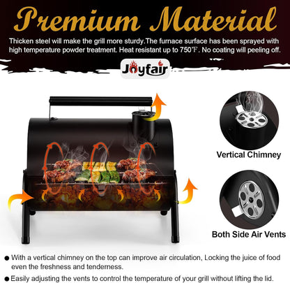 Joyfair Portable Charcoal Grill (2 in 1 Double-Sided), Small Tabletop Barbecue Grill with Food Tray & Rack for Outdoor Camping Home Patio BBQ Grilling, Heavy Duty & Multi-Use, Easy Assembly (230Sq.In)