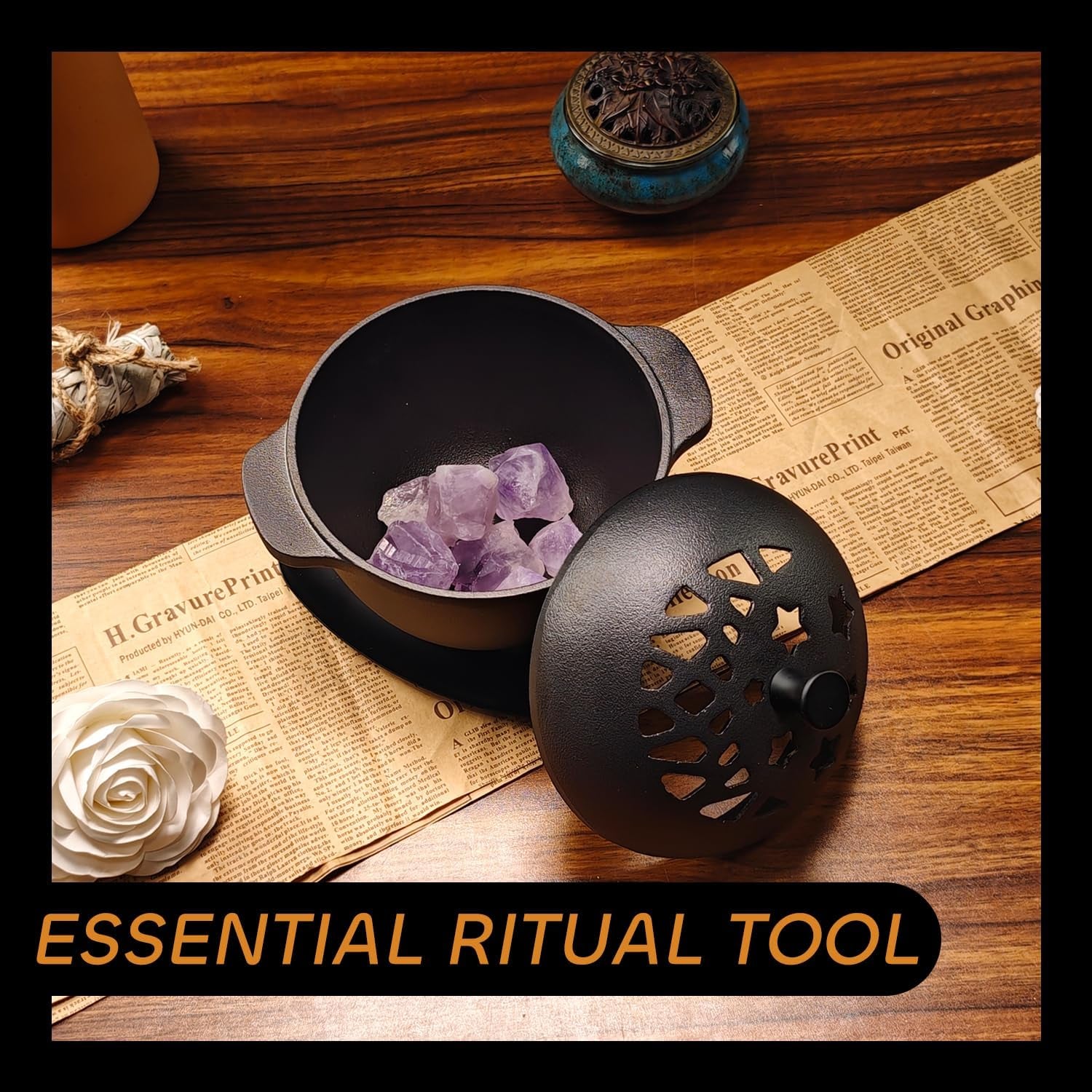 Cast Iron Incense Burner - Cast Iron Incense Holder Mini Cauldron for Sage, Palo Santo, Resin, Charcoal & Japanese Incense | Home, Rituals & Meditation Censer Bowl