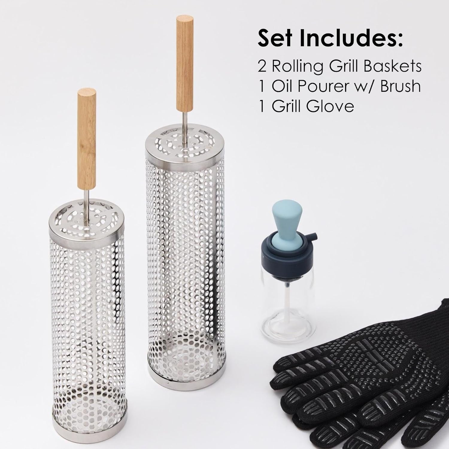 2Pcs Large Nesting Rolling Grill Baskets for Outdoor Grill, USA Based, Commercial Grade, 304 Stainless Steel BBQ round Grilling Baskets with Wood Handles Set with Oil Pourer/Brush and Grill Glove