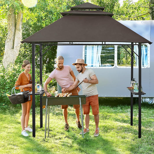 Yaheetech 8X5' Grill Gazebo, 3-Tier Outdoor BBQ Gazebo with Height-Adjustable Shelves & 10 S-Shaped Hooks & Built-In Bottle Opener, Brown