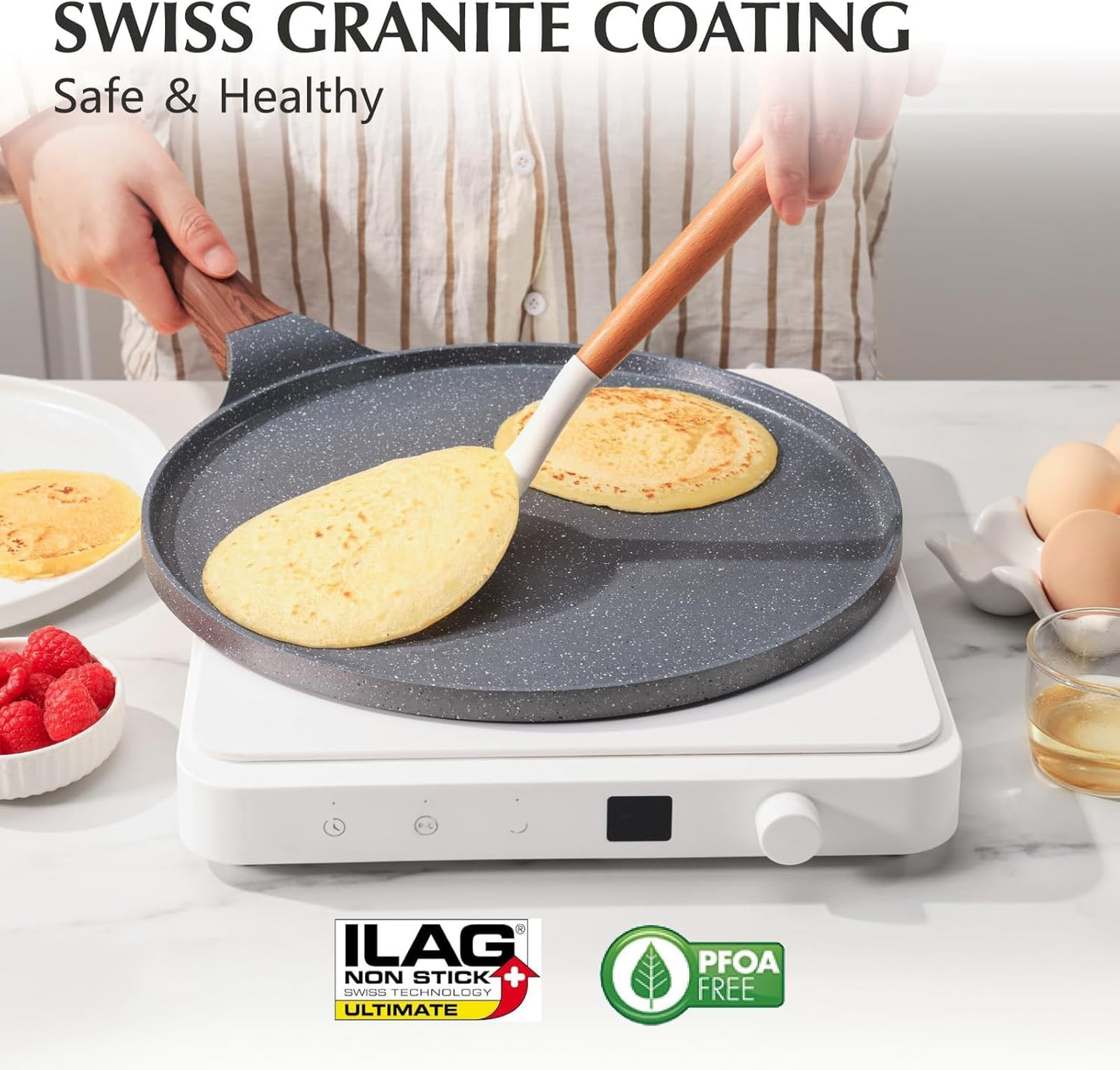 SENSARTE Nonstick Crepe Pan, Swiss Granite Coating Dosa Pan Pancake Flat Skillet Tawa Griddle 12-Inch with Stay-Cool Handle, Induction Compatible