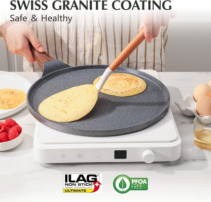 SENSARTE Nonstick Crepe Pan, Swiss Granite Coating Dosa Pan Pancake Flat Skillet Tawa Griddle 12-Inch with Stay-Cool Handle, Induction Compatible