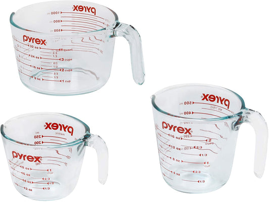 Pyrex Essentials (3-Pack) Glass Measuring Cups Set, (1, 2 & 4 Cup) Measuring Cups for Prepping, Baking and Cooking, Preheated Oven, Dishwasher, Freezer, and Microwave Safe