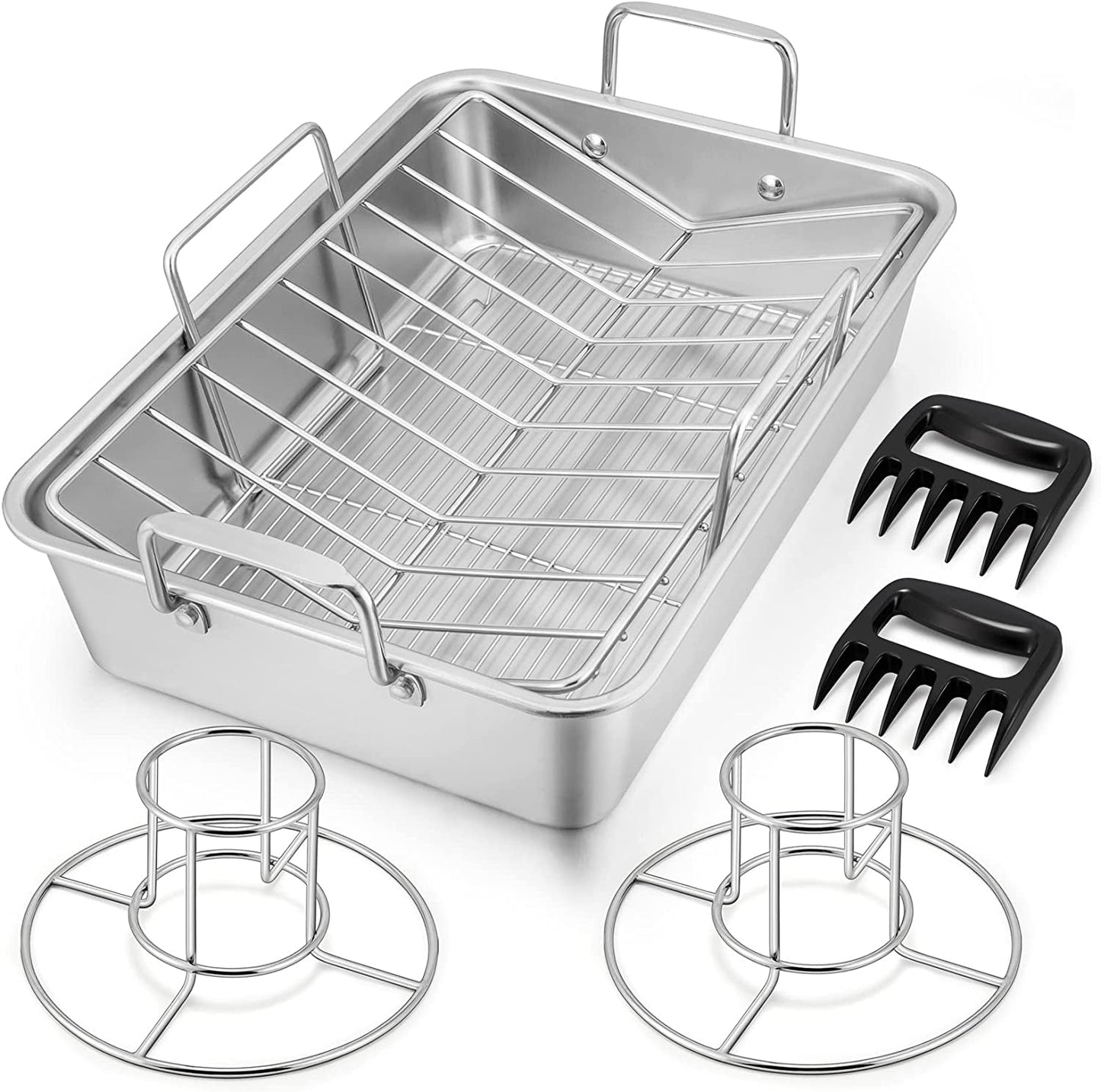 15¼" Roasting Pan with Rack, 7 PCS P&P CHEF Stainless Steel Roaster Lasagna Pan with Cooling Flat & V-Shaped Baking Rack, Grilling Chicken Holder, Meat Shredding Claws, Dishwasher & Oven Safe