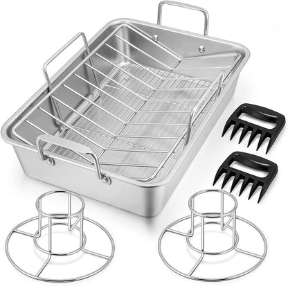 15¼" Roasting Pan with Rack, 7 PCS P&P CHEF Stainless Steel Roaster Lasagna Pan with Cooling Flat & V-Shaped Baking Rack, Grilling Chicken Holder, Meat Shredding Claws, Dishwasher & Oven Safe