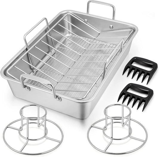 15¼" Roasting Pan with Rack, 7 PCS P&P CHEF Stainless Steel Roaster Lasagna Pan with Cooling Flat & V-Shaped Baking Rack, Grilling Chicken Holder, Meat Shredding Claws, Dishwasher & Oven Safe