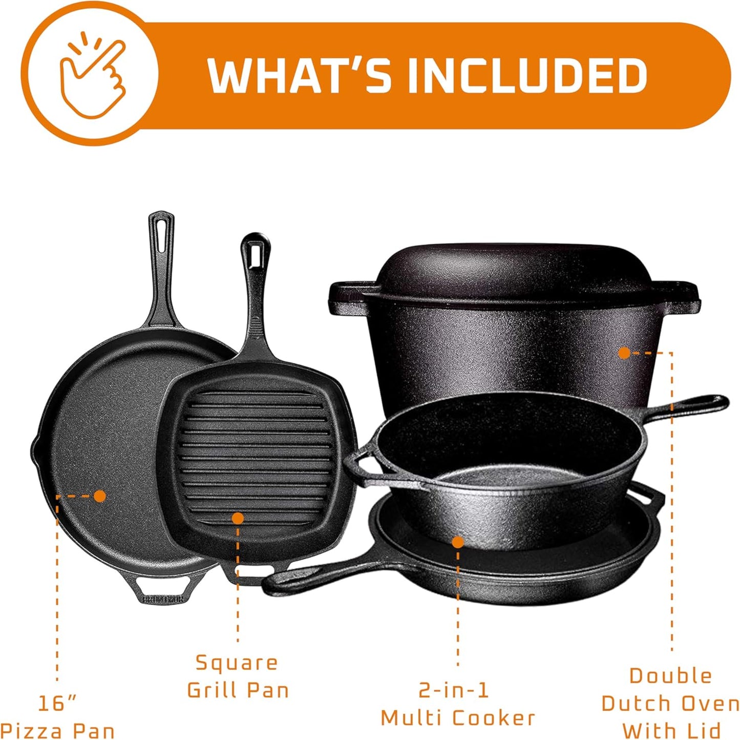 Pre Seasoned 6 Pcs Pots and Pans Set - Bruntmor Double Dutch Oven Crockpot - Cooking Set - Cast Iron Skillets and Square Grill Pan with Lid - Outdoor Camping Cookware - Kitchen Accessories