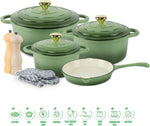 Healthy and Safe, Non-Stick Enameled 7-PCS SET of Cast Iron Dutch Oven Cookwares. Set Includes: 24Cm Dutch Oven Fry Pan, 18Cm, 21Cm, 24Cm Dutch Oven Cookwares with Lids, Gloves and Mills.