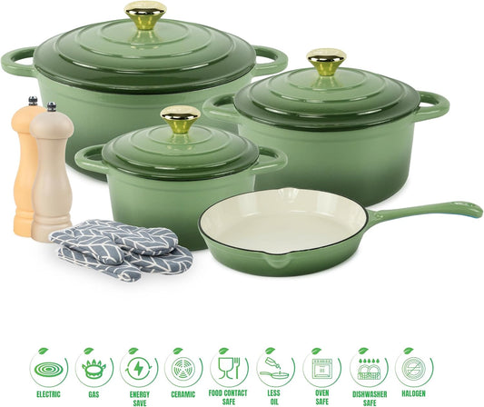 Healthy and Safe, Non-Stick Enameled 7-PCS SET of Cast Iron Dutch Oven Cookwares. Set Includes: 24Cm Dutch Oven Fry Pan, 18Cm, 21Cm, 24Cm Dutch Oven Cookwares with Lids, Gloves and Mills.