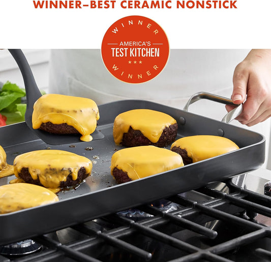 Greenpan Valencia Pro 18" X 11" Double Burner Griddle Pan, Induction Suitable, Ceramic Nonstick Pfas-Free, Rectangular Stovetop Cookware, Stainless Steel Handles, Dishwasher, Oven & Broiler Safe, Gray