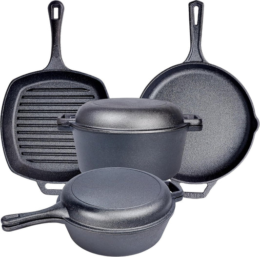 Pre Seasoned 6 Pcs Pots and Pans Set - Bruntmor Double Dutch Oven Crockpot - Cooking Set - Cast Iron Skillets and Square Grill Pan with Lid - Outdoor Camping Cookware - Kitchen Accessories