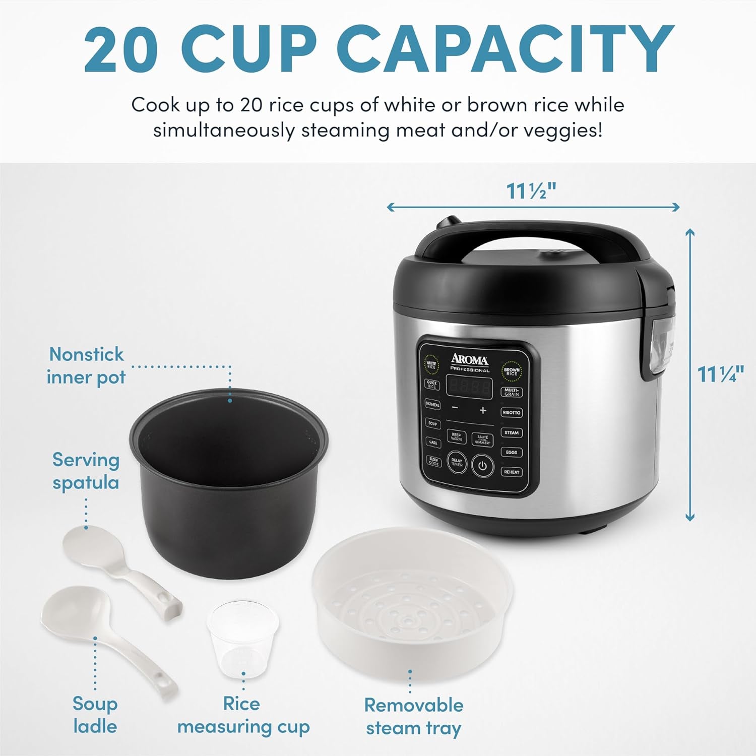 Aroma Housewares Professional plus ARC-5000SB 20 Cup (Cooked) Digital Rice Cooker, Food Steamer, Slow Cooker, Stainless Exterior/Nonstick Pot, Silver, Black, 10-Cup Uncooked/20-Cup Cooked/4Qt