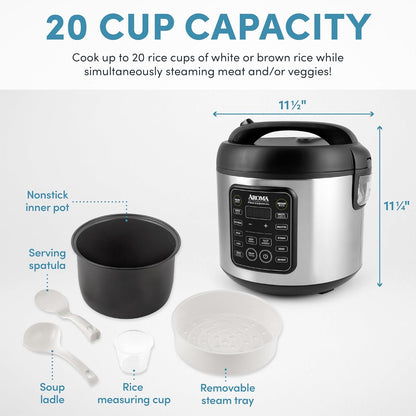 Aroma Housewares Professional plus ARC-5000SB 20 Cup (Cooked) Digital Rice Cooker, Food Steamer, Slow Cooker, Stainless Exterior/Nonstick Pot, Silver, Black, 10-Cup Uncooked/20-Cup Cooked/4Qt