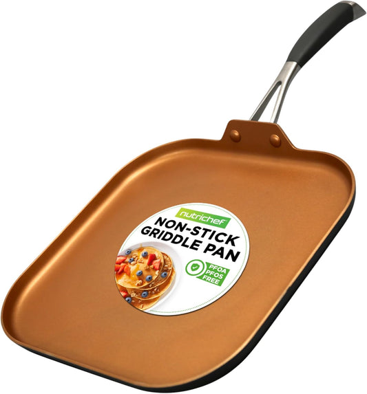Nutrichef Copper Pan Non-Stick Coating Inside, Hard-Anodized Look Heat Resistant Lacquer Outside, Silicone Handle NCSQPA, 1 Griddle