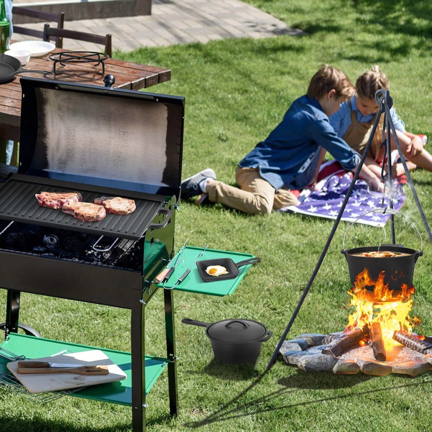 8 Piece Pre-Seasoned Dutch Oven Cooking Set Cast Iron Camping Kitchen Cookware Bakeware Skillets & Square Grill Pan W/Vintage Carrying Wood Box for Ourdoor Home BBQ Baking