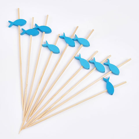 Image of Putwo Cocktail Toothpicks 100 Counts Cocktail Picks Handmade Natural Bamboo Cocktail Sticks Eco-Friendly Appetizer Skewers for Cocktail Appetizers Fruits Dessert - Blue Fishes