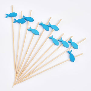 Putwo Cocktail Toothpicks 100 Counts Cocktail Picks Handmade Natural Bamboo Cocktail Sticks Eco-Friendly Appetizer Skewers for Cocktail Appetizers Fruits Dessert - Blue Fishes