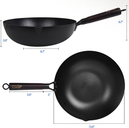 13.4 Inch Carbon Steel Wok for Electric, Induction and Gas Stoves (Lid, Spatula and User Guide Video Included)