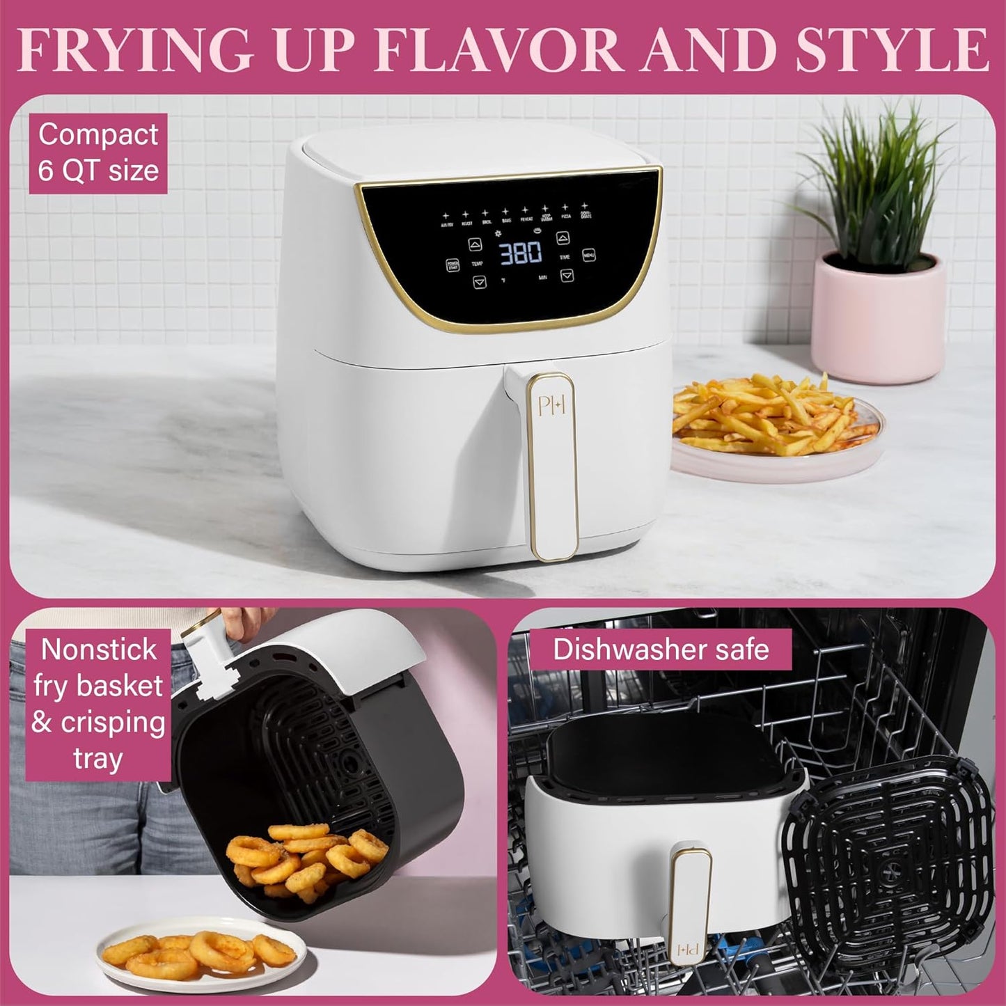 Paris Hilton Air Fryer, Large 6-Quart Capacity, Nonstick Made without PFAS, Touchscreen Display, 8-In-1 (Air Fry, Roast, Broil, Bake, Reheat, Keep Warm, Pizza, Dehydrate), Dishwasher Safe, White