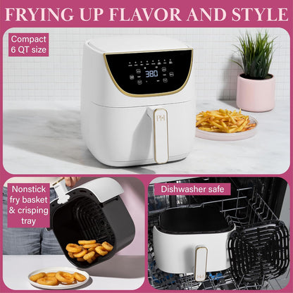 Paris Hilton Air Fryer, Large 6-Quart Capacity, Nonstick Made without PFAS, Touchscreen Display, 8-In-1 (Air Fry, Roast, Broil, Bake, Reheat, Keep Warm, Pizza, Dehydrate), Dishwasher Safe, White