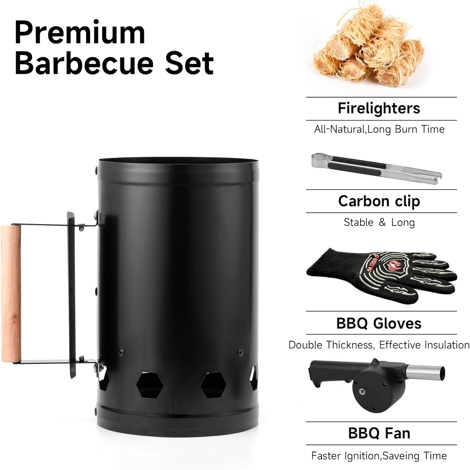 Charcoal Chimney Starter, Heavy Duty Premium Chimney Starter for Charcoal Grills BBQ Accessory with Heat Resistant Wooden Handle for Outdoor Grill Camping (‌Black)