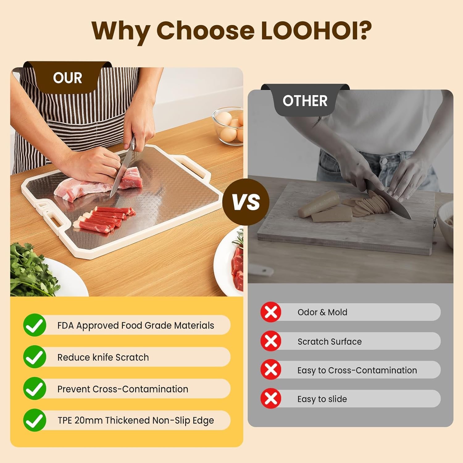 Double Sided Cutting Boards for Kitchen-16X 12 Inch 304 Stainless Steel & Wheat Straw PP Cutting Board for Meat/Vegetable-Non Slip,Dishwasher Safe and Scratch Resistant Chopping Board Beige