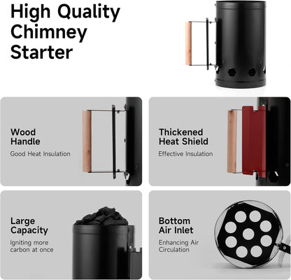 Charcoal Chimney Starter, Heavy Duty Premium Chimney Starter for Charcoal Grills BBQ Accessory with Heat Resistant Wooden Handle for Outdoor Grill Camping (‌Black)