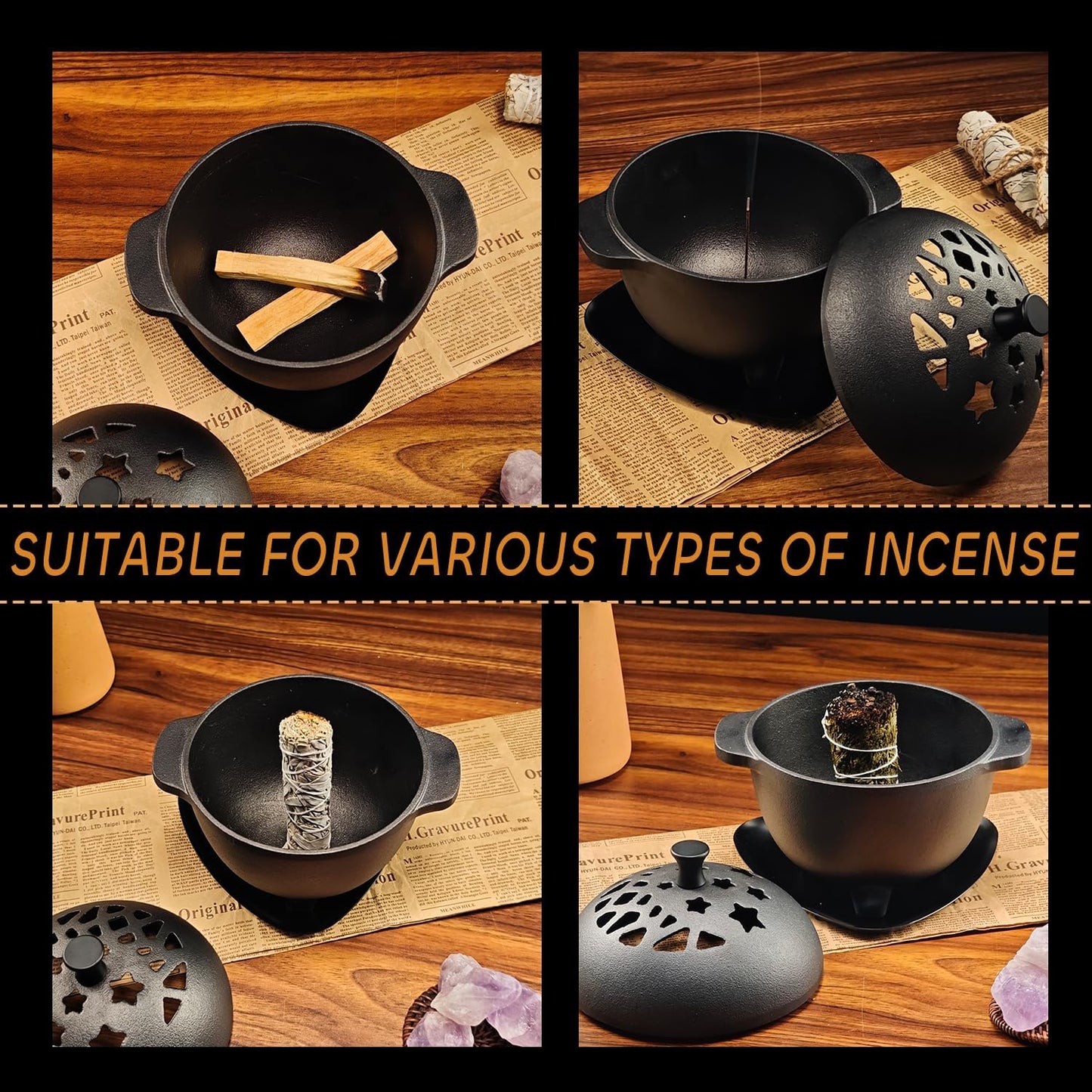 Cast Iron Incense Burner - Cast Iron Incense Holder Mini Cauldron for Sage, Palo Santo, Resin, Charcoal & Japanese Incense | Home, Rituals & Meditation Censer Bowl