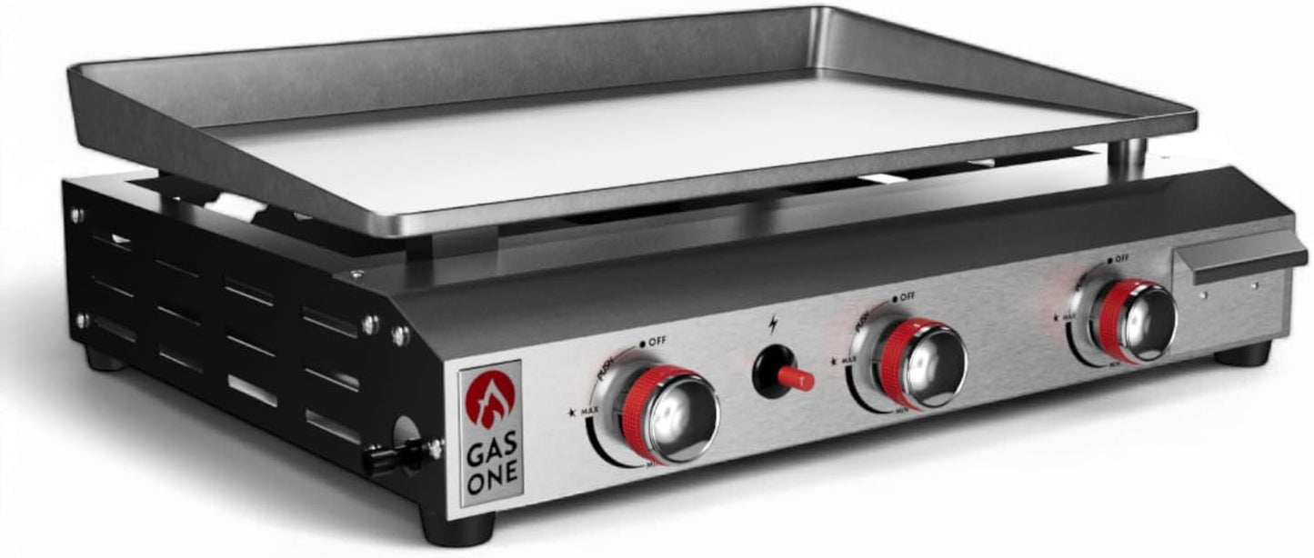 Gas One Flat Top Grill with 3 Burners Auto Ignition Propane Portable Stainless Steel Tabletop Grill with Pre Season Griddle Convenient Drip Tray Ideal for RV, Camping