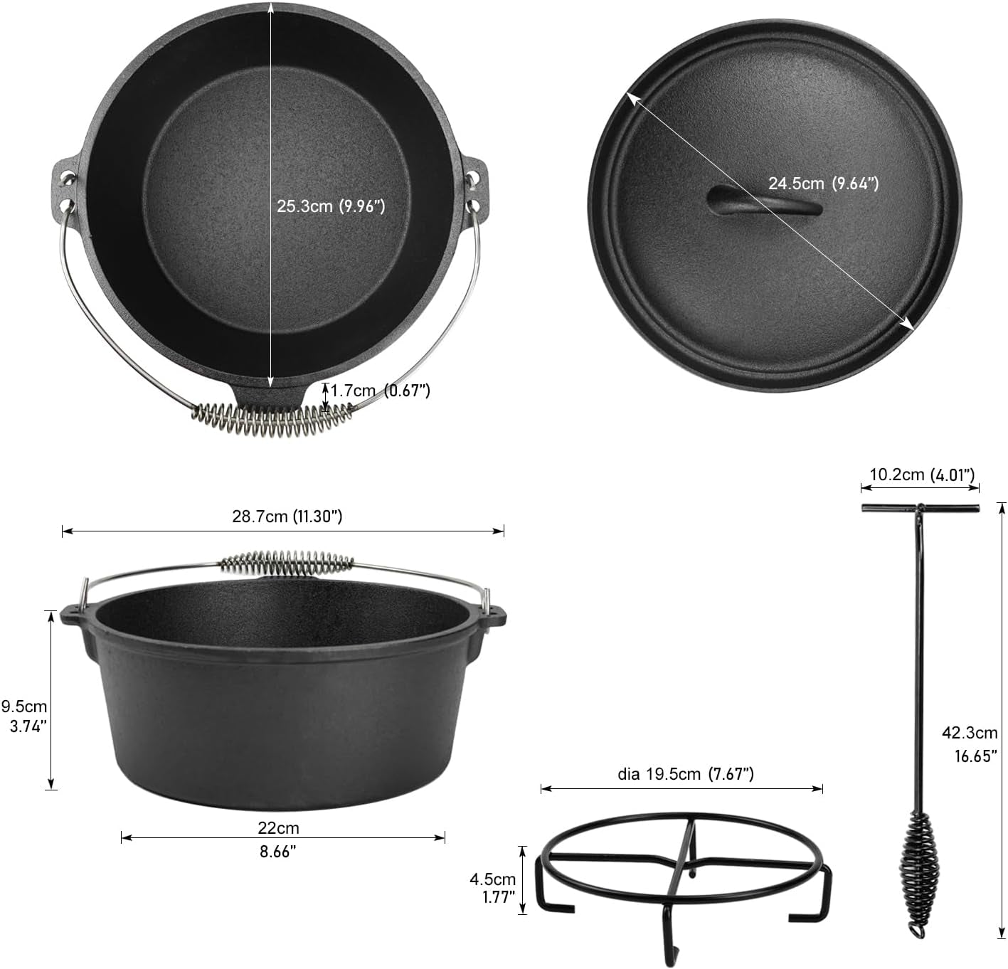 8 Piece Cast Iron Pots and Pans Set Cast Iron Skillets Bakeware and Square Grill Pan Camping Kitchen Cookware