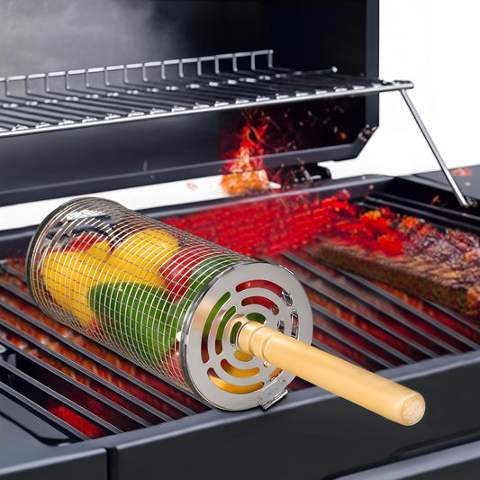 Grill Basket, Stainless Steel Grilling Accessories,Rolling Grill Baskets for Outdoor Grill with Wooden Handle, Practical Grilling Gifts for Men,Bbq Accessories Tool for Vegetable Shrimp, Outdoor Cooking Camping, Birthday Gifts for Men Dad Husband