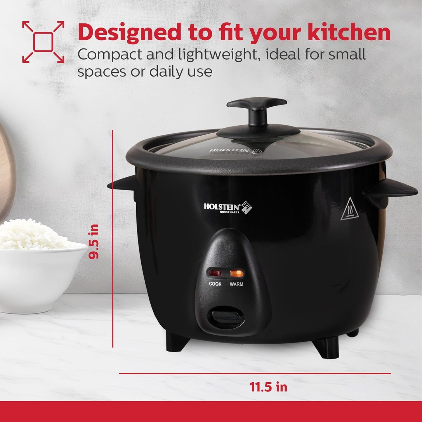 Holstein Housewares 16-Cup Cooked (8-Cup Uncooked) Rice Cooker, Black – One-Touch Operation with Cook & Keep Warm Functions, Perfect for Rice, Quinoa, Oatmeal, Stews & Grains