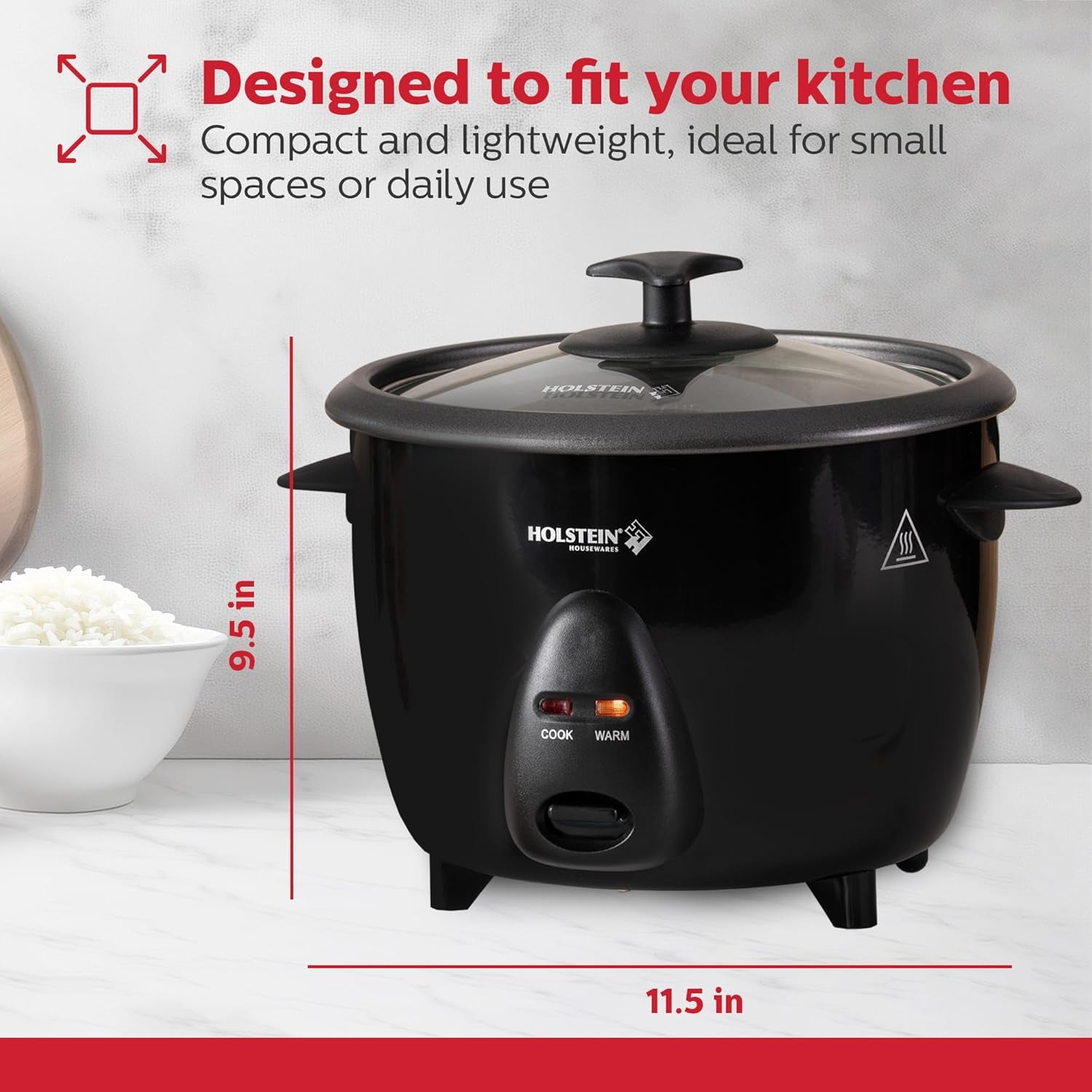 Holstein Housewares 16-Cup Cooked (8-Cup Uncooked) Rice Cooker, Black – One-Touch Operation with Cook & Keep Warm Functions, Perfect for Rice, Quinoa, Oatmeal, Stews & Grains