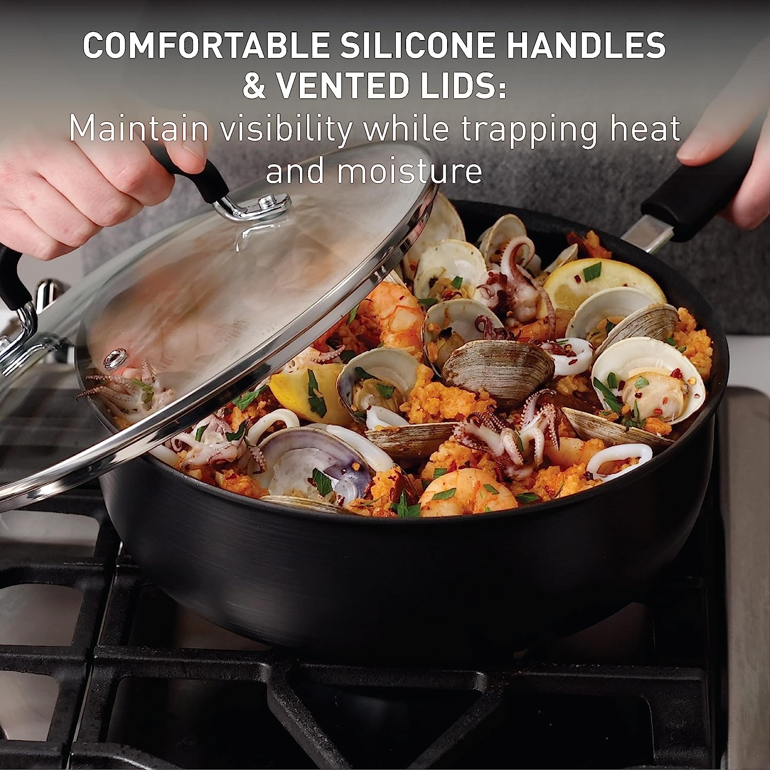 T-Fal Ultimate Hard Anodized Nonstick Cookware Set 17 Piece, Oven Broiler Safe 400F, Lid Safe 350F, Kitchen Cooking Set W/Fry Pans, Saucepans, Saute Pan, Griddle, Pots and Pans, Dishwasher Safe Black