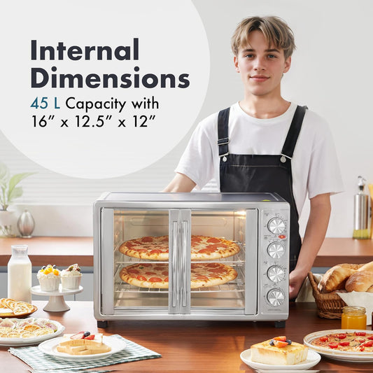 Elite Gourmet ETO-4510M French Door 47.5Qt, 18-Slice Convection Oven 4-Control Knobs, Bake Broil Toast Rotisserie Keep Warm, Includes 2 X 12" Pizza Racks, Stainless Steel