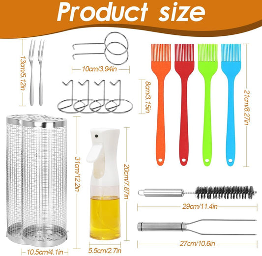Rolling Grilling Baskets 2 PCS, Stainless Steel BBQ Net Tube Baskets with Oil Sprayer BBQ Accessories Tools for Vegetable Fish Meat Food Camping, Gifts for Men Dad and Husband