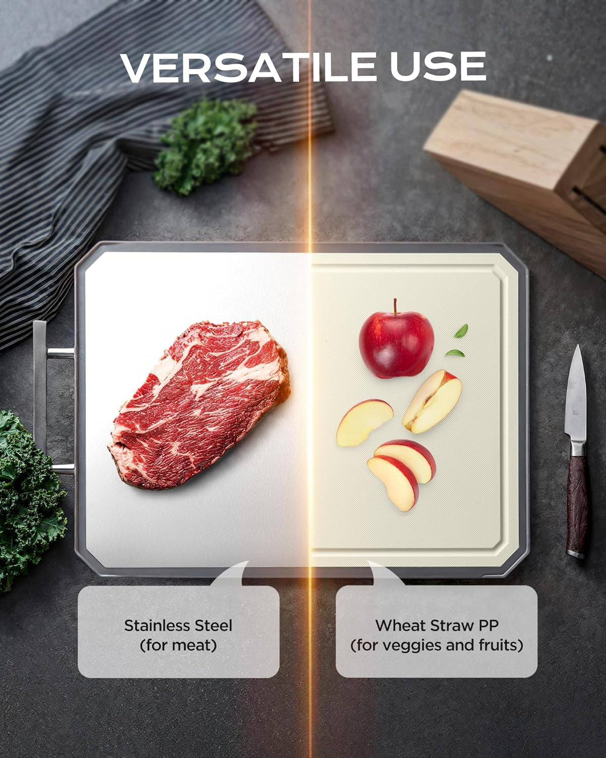 SNOWCLAD Stainless Steel Cutting Board,Double Sided Steel Cutting Boards for Kitchen,Stainless Steel/Wheat Straw Pp Large Board for Meat,Non Toxic Chopping,16 * 11 Inch,Dishwasher Safe