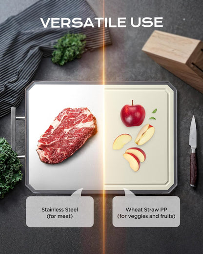 SNOWCLAD Stainless Steel Cutting Board,Double Sided Steel Cutting Boards for Kitchen,Stainless Steel/Wheat Straw Pp Large Board for Meat,Non Toxic Chopping,16 * 11 Inch,Dishwasher Safe