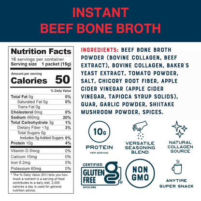 Bare Bones Beef Bone Broth Instant Powdered Mix | Rich Savory Packets On-The-Go No Artificial Flavors | 100% Grass Fed Keto & Paleo Friendly | 10G Protein | 16 Pack