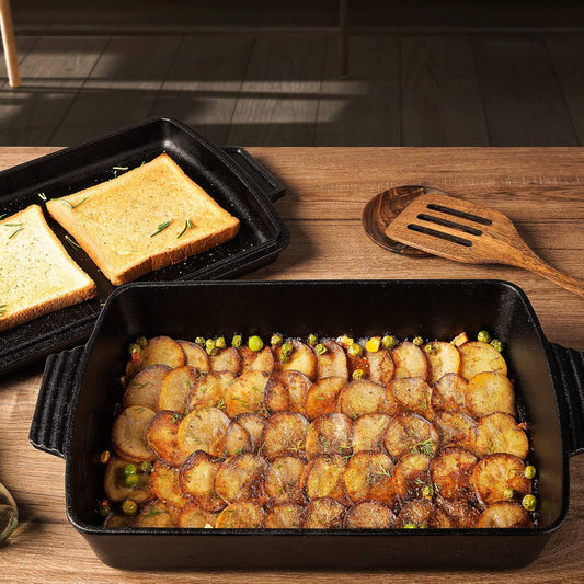 2-In-1 Pre Seasoned Cast Iron Dutch Oven with Skillet Lid,Casserole Dish,Rectangular Baking Pan,Griddle Pot Set, 6QT, 9"X13"