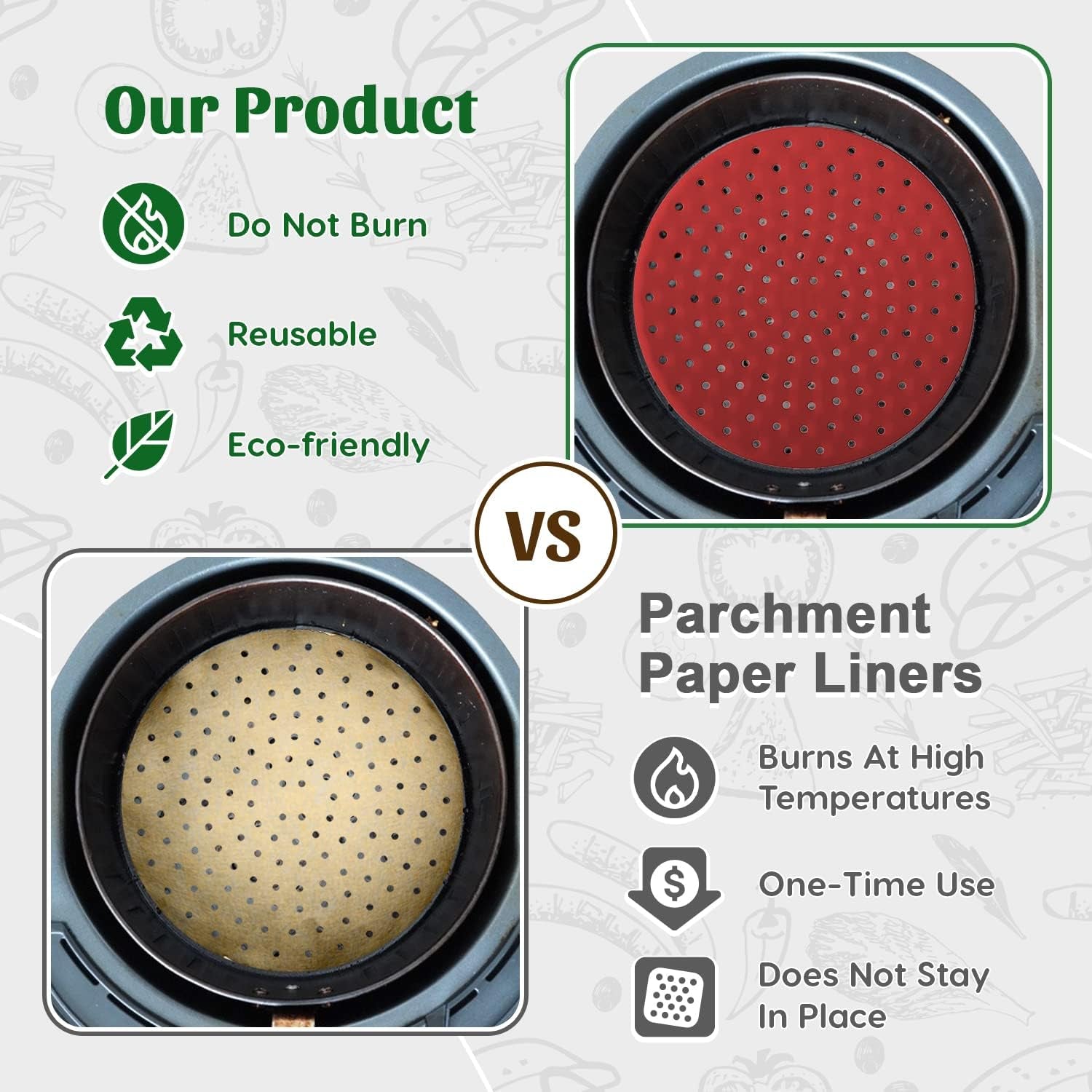 Reusable round Silicone Air Fryer Liners (9 Inch, 3 Pack) by Linda’S Essentials - Non-Stick, Easy-Clean Accessories with Cheat Sheet & Recipe Book, Perfect for Quick Meals