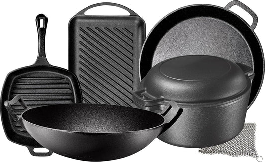 Pre Seasoned Cast Iron 7 Piece Bundle Gift Set, Double Dutch, Rectangular Grill Pan, Wok, Large Skillet, Square Grill Pan & Chainmail, Camping Cookware Set