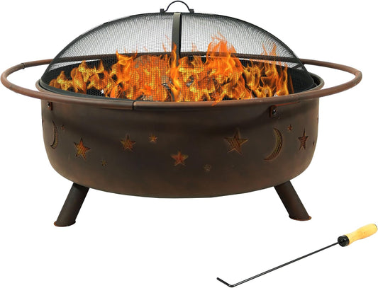 Sunnydaze Cosmic 42-Inch Large Outdoor Fire Pit - Wood-Burning Fire Pit with round Spark Screen, Poker, and Built-In Grate