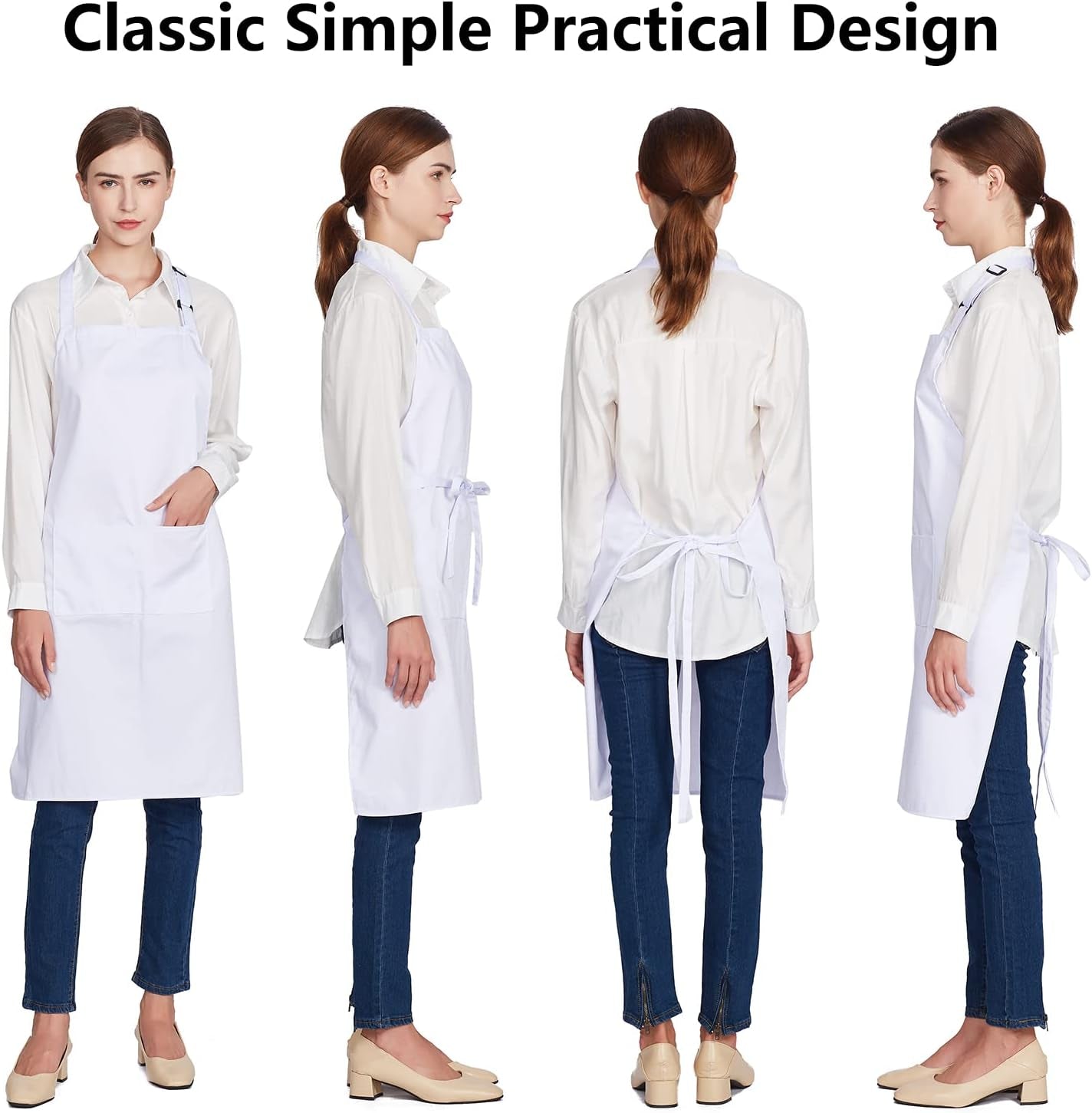 Jubatus 12 Pack 100% Cotton Aprons Bulk with 2 Pockets Cooking Chef Kitchen Adjustable Bib Apron for Women Men, White