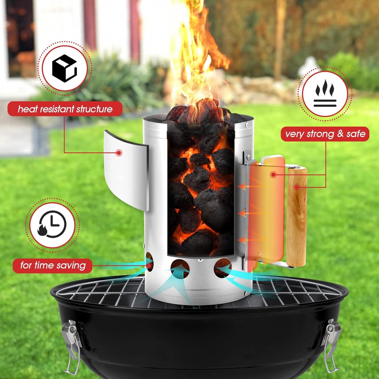 Hasteel Charcoal Chimney, 10.6X6.7 Inch Heavy Duty BBQ Chimney Starter for Outdoor Grilling Barbecue Camping, Quick Rapid Fir Briquette Coal, Heat Resistant Wooden Handle & Screwdriver