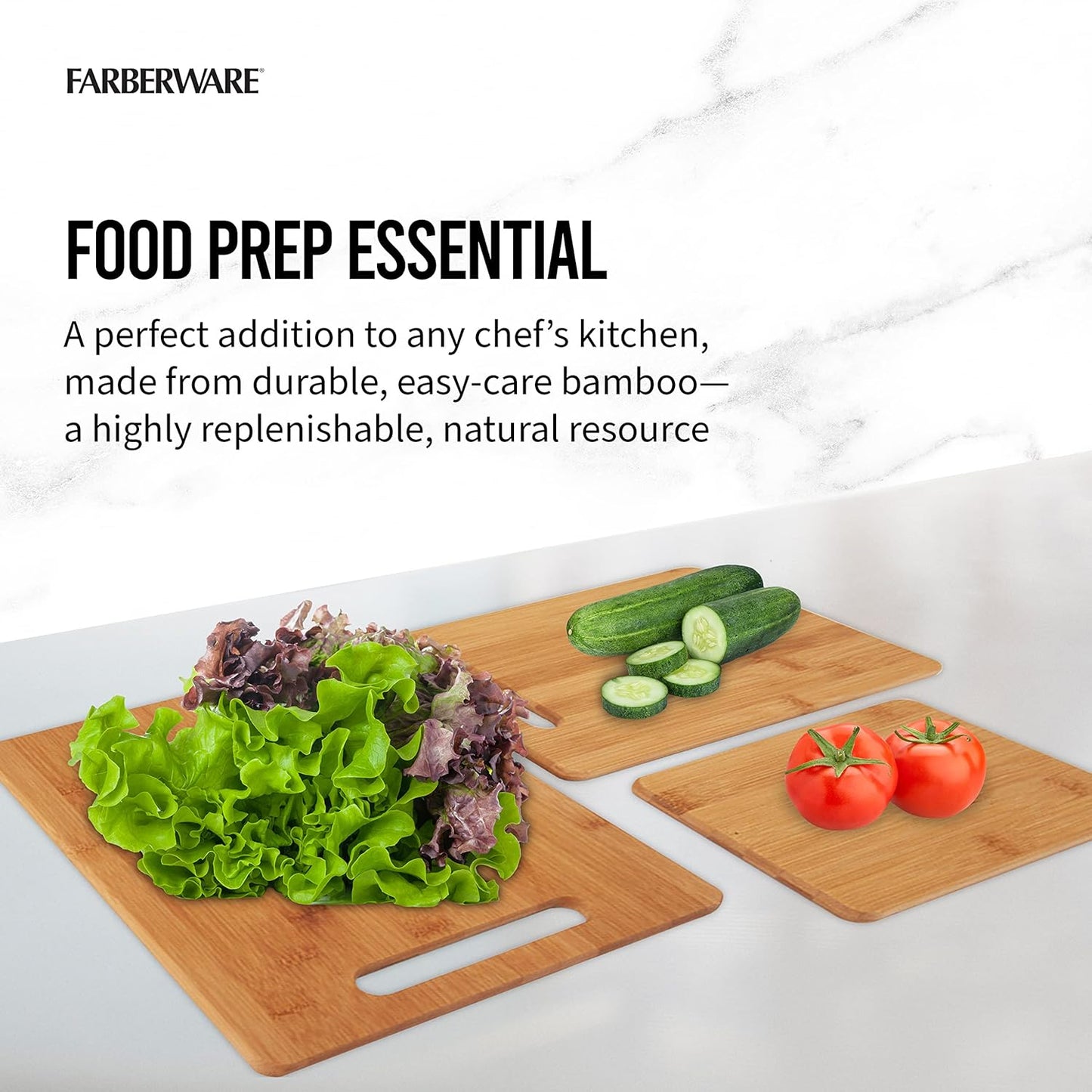 Farberware 3-Piece Wood Cutting Board Set, Reversible Chopping Boards for Meal Prep and Serving, Charcuterie Boards, Wooden Cutting Boards with Built-In Handles, Set of 3 Assorted Sizes, Bamboo