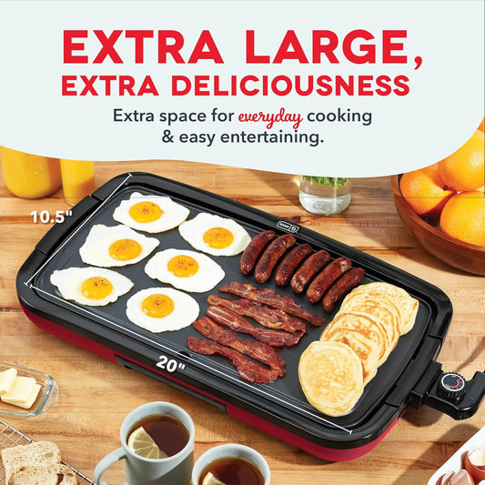 DASH Deluxe Everyday Electric Griddle with Dishwasher Safe Removable Nonstick Cooking Plate for Pancakes, Burgers, Eggs and More, Includes Drip Tray + Recipe Book, 20” X 10.5”, 1500-Watt - Red