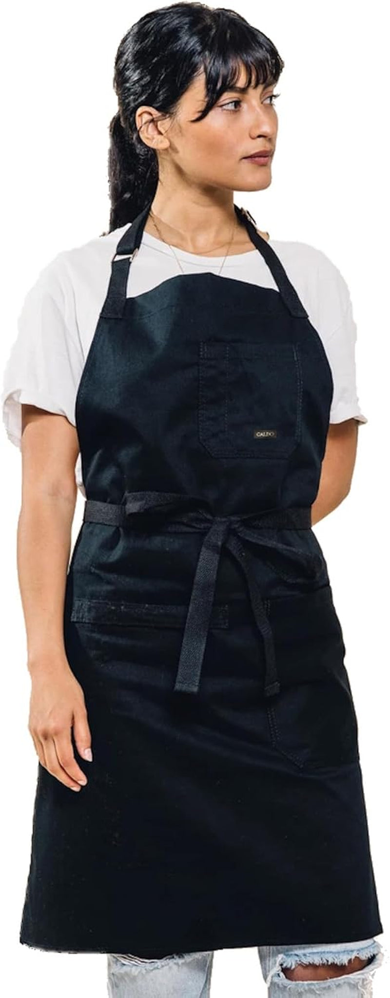 Caldo Daily Cotton Kitchen Apron for Cooking- Mens and Womens Professional Chef or Server Bib Apron - Adjustable Straps with Pockets and Towel Loop (Black)