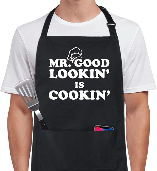 Xornis 100% Cotton Funny Apron with 2 Pockets for Men Women BBQ Grilling Adjustable Bib Black Aprons Gifts Cooking Kitchen